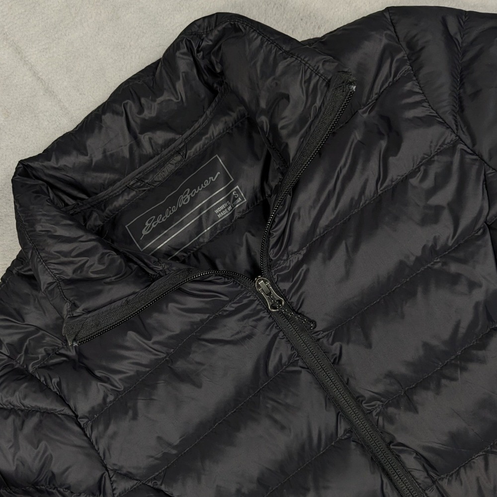 Eddie Bauer EB650 Down Jacket Womens Small Black Puffer Full Zip Quilted Coat
